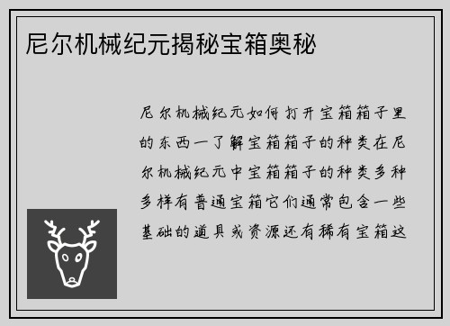 尼尔机械纪元揭秘宝箱奥秘